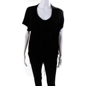 McQ Womens Round Neck Short Sleeve Fringed Textured Blouse Top Black Size 2